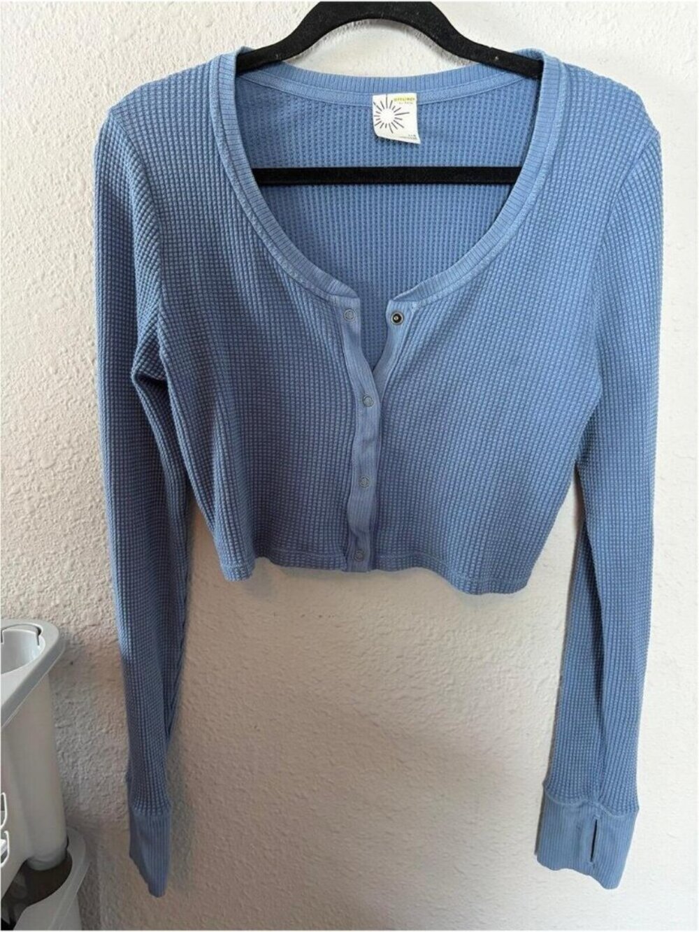 Offline by Aerie cropped waffle henley long sleeve blue size L